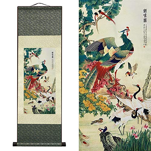 AtfArt Asian Wall Decor Beautiful Silk Scroll Painting Birds - A Hundred Birds Respect The Phoenix Oriental Decor Chinese Art Wall Scroll Wall Hanging Painting Scroll (36.2 x 12 in) - color: D02