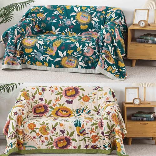 Qidordour Boho Throw Blanket, 60"x80" Muslin Blankets for Adult, 100% Organic Cotton Blanket for Couch Sofa, Lightweight Quilt, All Season Bed Throw, Farmhouse Home Decor, C-Phoenix Floral
