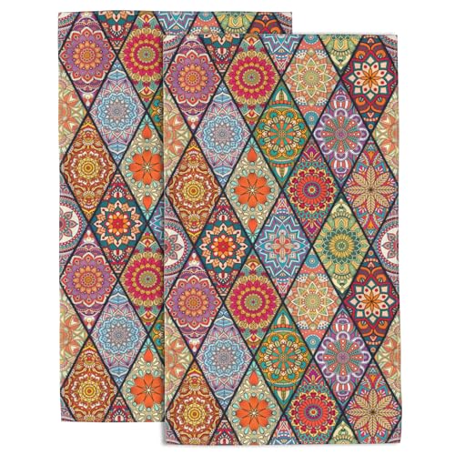 Colorful Boho Tiles Mandarin Mandala Flower Towel for Bathroom Set of 2 Soft Absorbent Decorative Kitchen/ Tiles & Yoga Home Decor 14 x 28 in - color: Colorful Tiles Boho