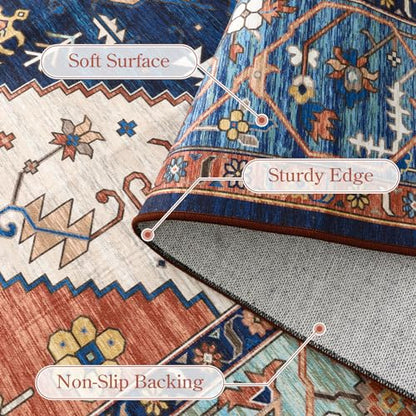 Lahome 8 x 10 Area Rugs for Living Room Boho Washable Non-Slip Backing Large Rug Ultra-Thin Stain Resistant Dining Room Rugs for Under Table, Oriental Print Rugs for Bedroom Adelyn (Rust, 8'x10')