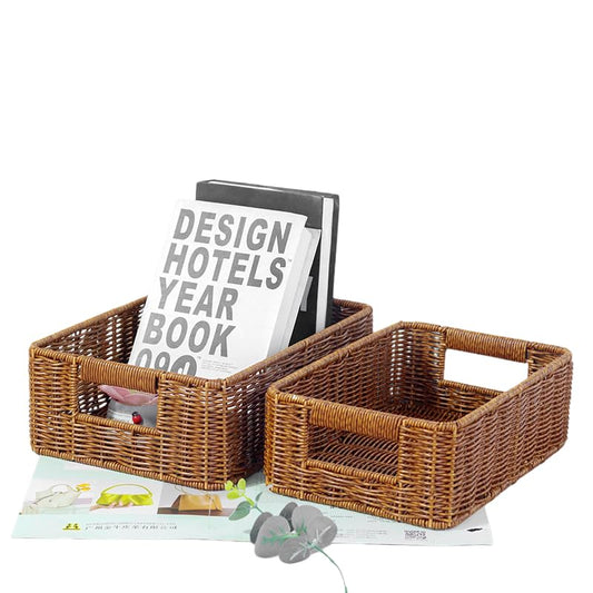 Plastic Storage Baskets for Shelves and Cabinets, Wicker Storage Baskets for Shelves, Pantry Baskets Organization and Storage, Water-Resistant and Durable(Set of 2, Dark Brown)