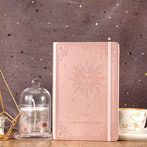 Artfan Ruled Notebook/Journal – Premium Thick Paper Faux Leather Classic Writing Notebook with Pocket + Page Dividers Gifts, Banded, Large, 144 Pages, Hard Cover, Lined (5.8 x 8.4) - The Sun - color: Rose Gold