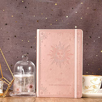 Artfan Ruled Notebook/Journal – Premium Thick Paper Faux Leather Classic Writing Notebook with Pocket + Page Dividers Gifts, Banded, Large, 144 Pages, Hard Cover, Lined (5.8 x 8.4) - The Sun - color: Rose Gold