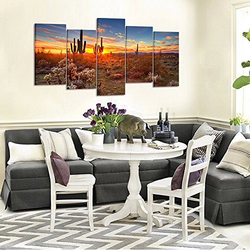 KREATIVE ARTS - Natural Landscape Paintings Wall Art Sunset with Saguaros in Sonoran Desert 5 Pieces Picture Print on Canvas for Modern Home Decoration (Large Size 60x32inch)
