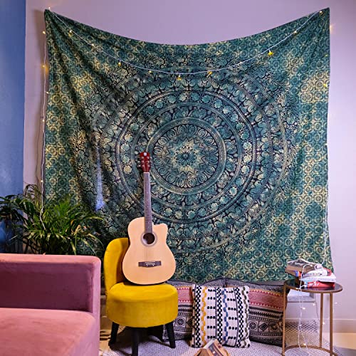 Craft Trade Indian Cotton Mandala Wall Hanging Tapestry for Aesthetic Boho Hippie Living Room, Meditation & Bedroom Décor - Green - 90x108 Inches - color: Green, size: 90"L x 108"W