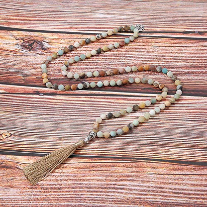 108 Mala Beads Necklace Semi-Precious Gem Stones Meditation Necklace 108 Hand Knotted Japa Mala Beaded Tassel Necklace with Tree of Life Pendant - color: Natural Amazonite