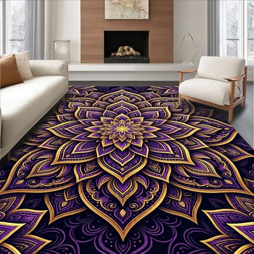 Low Pile Flatwoven Area Rug 5x7, Meditation Floor Cushions with Lotus Petal Designs, Machine Washable, Stain Resistant Indoor Rug for Living Room, Bedroom, Non Slip(Purple, 5x7) - color: Purple/Pattern 6, size: 5' x 7' (Rectangular)
