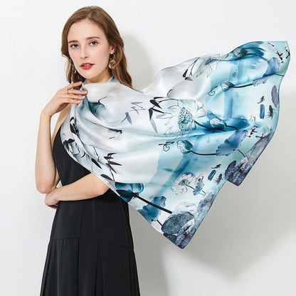 100% Mulberry Silk Long Scarf for Women Large Shawls for Headscarf and Neck- Oblong Hair Wraps with Gift Packed - color: Wash Painting-lotus