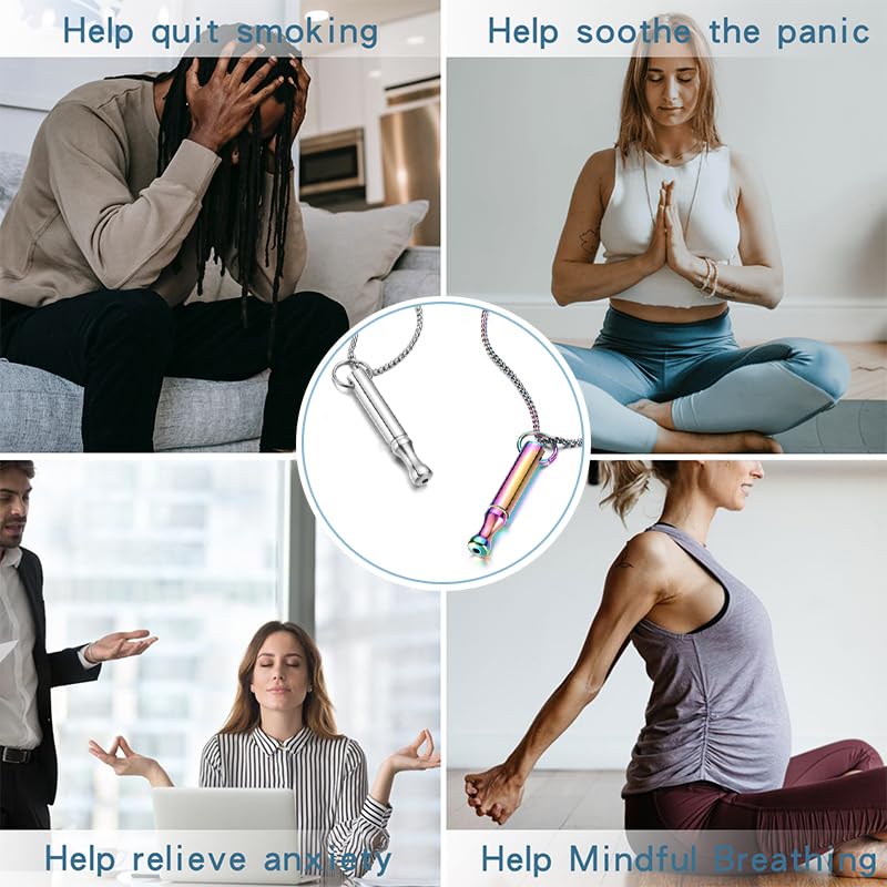 Mindfulness Breathing Necklace Stress Relief Pendant Stainless Steel Anxiety Breathe Necklace for Women Men - color: Steel+Rainbow