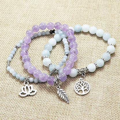Tree of Life Yoga Healing Stone Bracelets,Multilayer Lotus Chakra Stone Reiki Bracelet Sets,Anxiety Crystal Natural Stone,for Women Stress Relief - style: Aquamarine + Amethyst