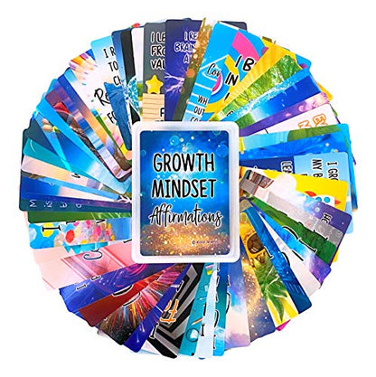 Growth Mindset Positive Affirmation Cards, 54 Affirmations, 150+ Inspiring Questions, Glossy Coated Cards with Storage Box, Meaningful Gift, Loved by Teachers, Therapists and Parents
