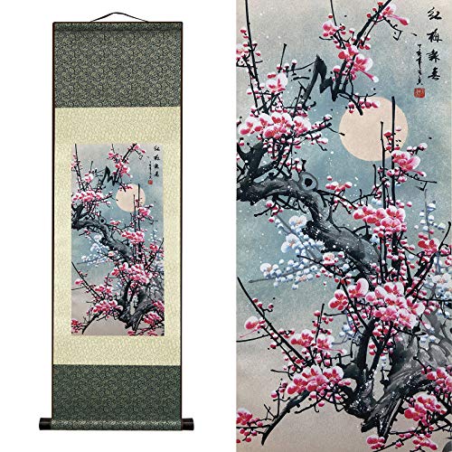 AtfArt Asian Wall Decor Beautiful Silk Scroll Painting Flowers - Plum - Red Plum Primula Primula Rubra Oriental Decor Chinese Art Wall Scroll Wall Hanging Painting Scroll (36.2 x 12 in) - color: C1