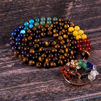 Bivei 108 Mala Beads Necklace Life Tree 7 Chakra Wrap Bracelet Real Healing Gemstone Yoga Meditation Hand Knotted Mala Prayer Bead Necklace - color: Tiger Eye Stone, size: 6mm