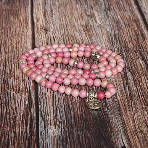 Bivei 108 Mala Beads Necklace Long Beaded Wrap Bracelets Genuine Gemstone Mala Prayer Beads Lotus Buddha Charm Yoga Meditation Necklace - color: Rhodochrosite-Lotus OM-Buddha