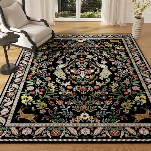 Area Rug 4x6 Rug Washable Rugs Floral Non Slip Low Pile Small Carpet for Bedroom, Bedside, Kids Room, Office, Dining Room (Vibrant Black) - color: Vibrant Black, size: 4' x 6' (Rectangular)