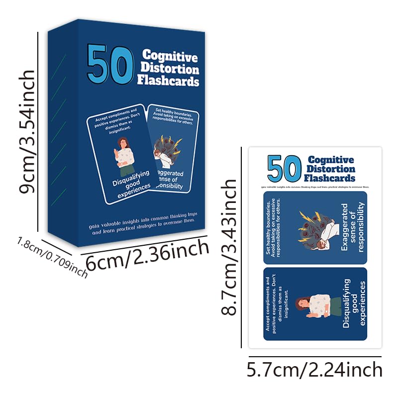 Cognitive Distortion Flashcards, 50 Cards for Mental Health and Thought Pattern Recognition, Blue