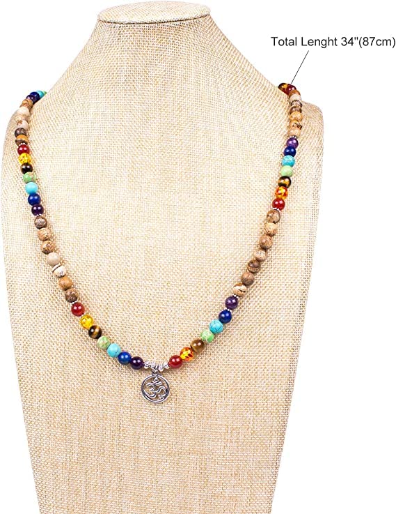 108 Mala Beads Necklace 7 Chakra Tree of Life Pendant Prayer Buddha Bracelets Healing Stone Yoga Men Women Jewelry - color: Stones Tibetan Jasper