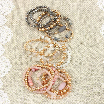 RIAH FASHION Bohemian Acrylic Druzy Multi-Layer Bead Statement Bracelet - Versatile Faux Stone Pendant Stretch Strand Stackable Cuff Bangle Set Sparkly Crystal - color: Bohemian Oval Druzy Set - Black