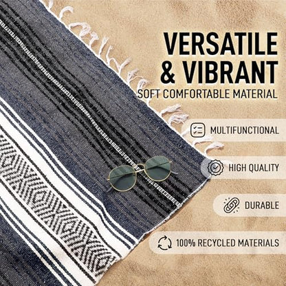 Hydration Nation Authentic Extra Large Mexican Blanket (70"x50") - Handwoven Yoga, Serape - Artisanal Falsa, Beach, Camping, Picnic, Outdoor (Blue Haze)