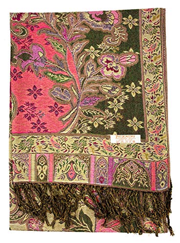 Plum Feathers Tapestry Ethnic Paisley Pattern Pashmina Shawl Scarf, Womens Pashmina Shawl Wrap with Fringes - color: Olive Pink Tropical Paisley