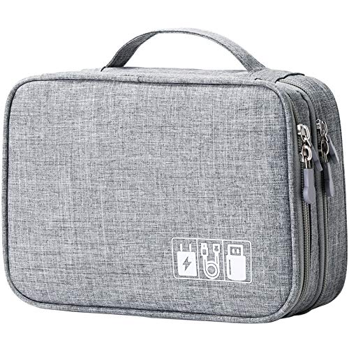 MIRLEWAIY Portable Electronics Accessories Organizer Bag Travel Charger Cable Storage Soft Case Double Layer for Hard Drives, Cord, USB, SD Cards Carrying, Grey - color: Light Gray