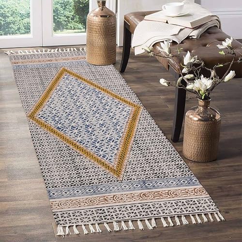 2.6x4 Ft Cotton Yoga Mat Rug – Blue Extra Large Hand-Woven Cotton Dhurrie Meditation Rug for Yoga Perfect Runner for Hallway, Kitchen, Living Room Area Runner