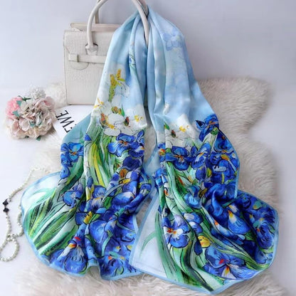 100% Mulberry Silk Long Scarf for Women Large Shawls for Headscarf and Neck- Oblong Hair Wraps with Gift Packed - color: Oil Painting-irises