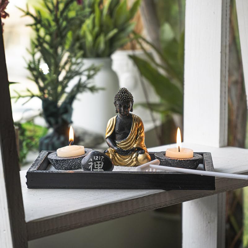 Summit Collection Gifts Meditation Zen Garden Set with Black and Gold Buddha Figurine Two Tea Light Candle Holders White Sand Decorative Wood Display Tray Decor 9" x 5"