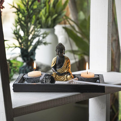 Summit Collection Gifts Meditation Zen Garden Set with Black and Gold Buddha Figurine Two Tea Light Candle Holders White Sand Decorative Wood Display Tray Decor 9" x 5"