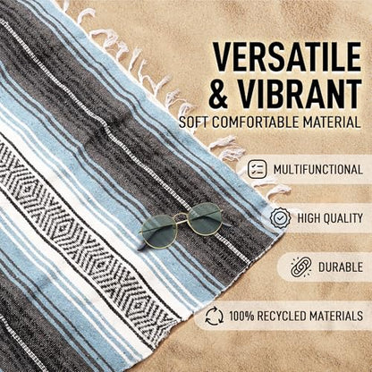Hydration Nation Authentic Large Handwoven Mexican Blanket - Soft Yoga- Durable Serape- Lightweight Falsa, Beach, Camping, Picnic, Outdoor Blanket 70"x50" - Aqua Sky - color: Aqua Sky