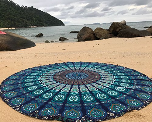 raajsee Turquoise Round Beach Tapestry Hippie/Boho Beach Blanket Mandala/Indian Cotton Throw - Round Tablecloth/Home Decor/Indie Rug Yoga Mat Meditation Picnic Rugs 127 CM / 50 INCHE Circle - color: Turquoise, size: 4'2" (Round)