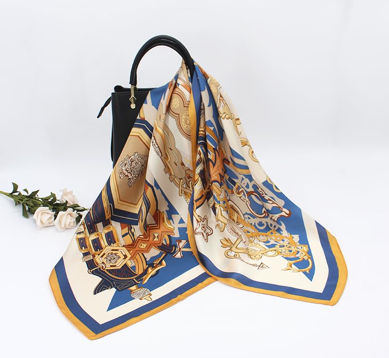 100% Pure Mulberry Silk Scarf 35" Large Square Lightweight Headscarf –Women’s Hair Wraps-With Gift Packed - color: Gold&blue