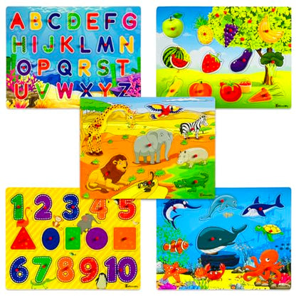 5 Pack Wooden Peg Puzzles for Toddlers 1-3 - Toddler Puzzles with Alphabet Numbers & Animals — Baby Wood Puzzle Gift - Puzzles for Toddlers 2-4 - Puzzles for Kids Ages 3-5 Learning Toys Boys and Girls