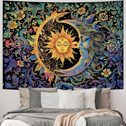 Sun and Moon Tapestry Psychedelic Mystic Floral Tapestry Hippie Boho Flower Plants Wall Tapestries Vintage Aesthetic Tapestries Wall Hanging for Bedroom