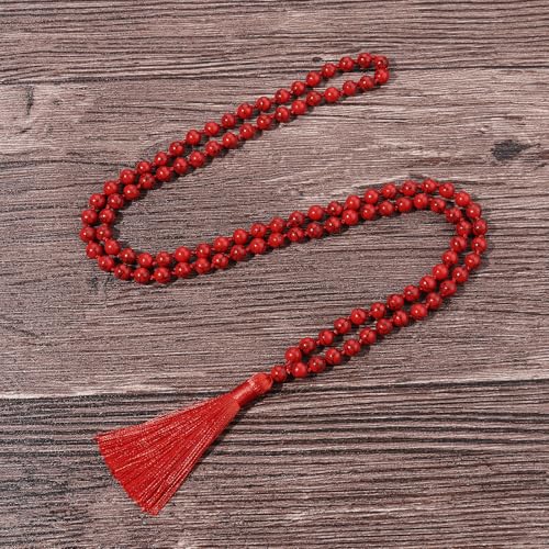 8MM Beads Chakra Long Mala Necklace Natural Stone Meditation Statement Necklace Japa Yoga Buddhist Rosary Prayer Charm Beaded Tassel Necklace - color: Red Turquoise