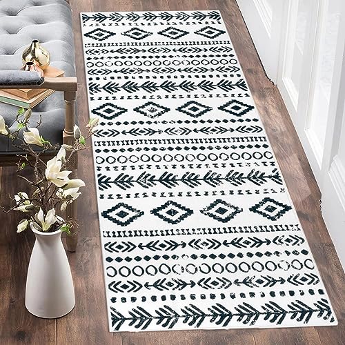 Lahome Boho Moroccan Washable Runner Rug, 2x5 Low-Pile Soft Bathroom Runner Rug Non Slip Rubber Backed, Farmhouse Geometric Print Runners for Hallways Indoor Carpet for Laundry Kitchen Varena - color: White/Black, size: 2' x 5'
