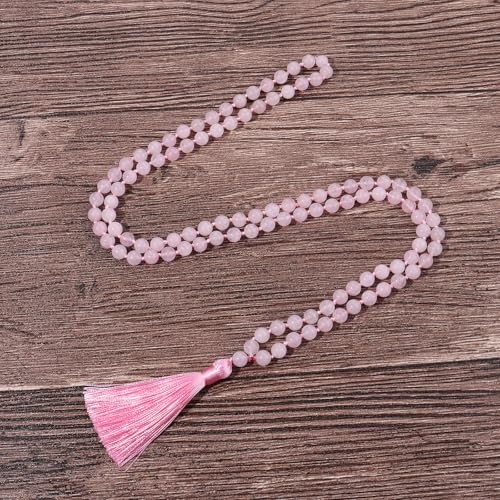 8MM Beads Chakra Long Mala Necklace Natural Stone Meditation Statement Necklace Japa Yoga Buddhist Rosary Prayer Charm Beaded Tassel Necklace - color: Rose Quartz