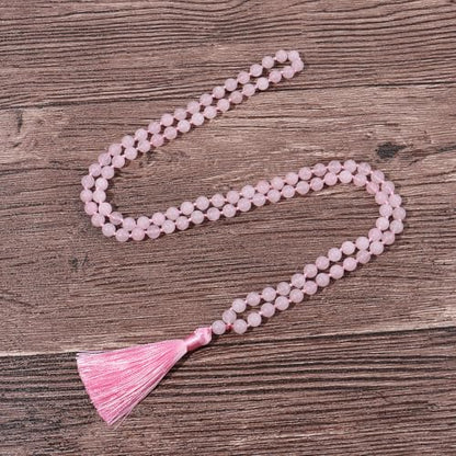 8MM Beads Chakra Long Mala Necklace Natural Stone Meditation Statement Necklace Japa Yoga Buddhist Rosary Prayer Charm Beaded Tassel Necklace - color: Rose Quartz