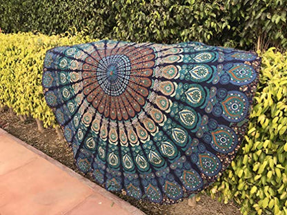 raajsee Mandala Round Beach Tapestry Hippie/Boho Beach Blanket Roundie/Indian Cotton Throw Bohemian Round Table Cloth/Yoga Mat Meditation Picnic Rugs 70 inch Circle (TURQUOISE) - color: TURQUOISE