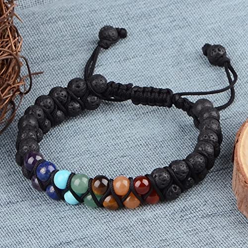 MASSIVE BEADS Double Layer Natural Chakra Healing Power Crystals Macrame Bracelet Yoga Stone Beads Gemstone Meditation Relax Anxiety Bangle for Unisex Women Men - color: 7-Chakras&Lava, size: 6mm