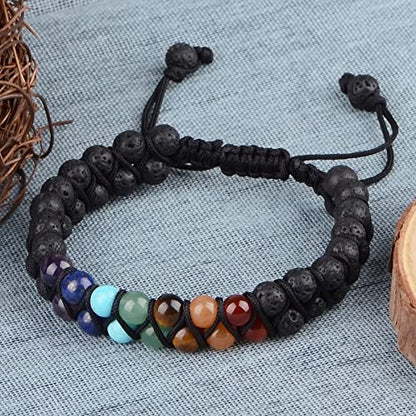 MASSIVE BEADS Double Layer Natural Chakra Healing Power Crystals Macrame Bracelet Yoga Stone Beads Gemstone Meditation Relax Anxiety Bangle for Unisex Women Men - color: 7-Chakras&Lava, size: 6mm