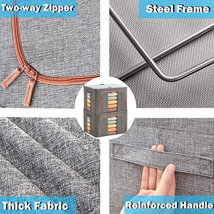 Large Capacity Clothes Storage Bags Stackable Storage Organizer with Foldable Metal Frame Zipper Handles Clear Window Storage Container Box for Blanket Sweater Comforter Pillow (100L Gray 2 Pack)