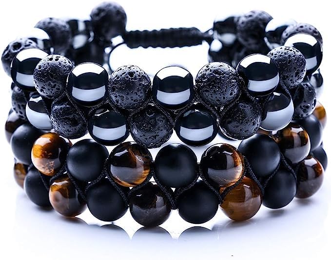 WFJ Black Obsidian Hematite Triple Protection Bracelets Set - Tiger Eye Beaded Natural Stone Bracelet for Men Women Gemstone (10MM) - color: 2PCS Double Set