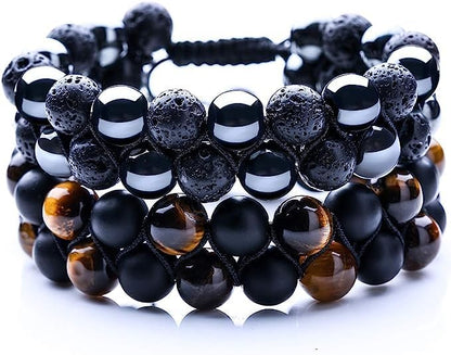 WFJ Black Obsidian Hematite Triple Protection Bracelets Set - Tiger Eye Beaded Natural Stone Bracelet for Men Women Gemstone (10MM) - color: 2PCS Double Set