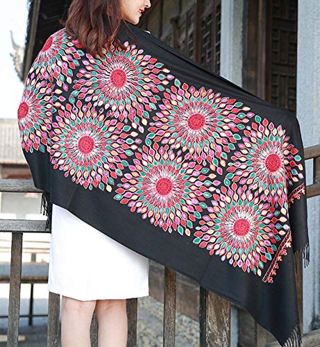 Urban CoCo Women's Embroidered Oversize Tassel Shawl Scarf Wraps for Women - color: Black