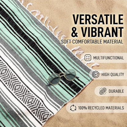Hydration Nation Authentic Extra Large Mexican Blanket (70"x50") - Handwoven Yoga, Serape- Artisanal Falsa, Beach, Camping, Picnic, Outdoor (Aqua Green) - color: Aqua Green