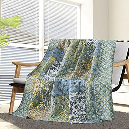 NEWLAKE Cotton Quilted Throw Blanket for Bed Couch Sofa, Reversible Matelasse Blanket with Real Stitched Embroidery,Green Farmhouse Garden,60X78 Inch - color: Green