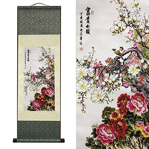 AtfArt Asian Wall Decor Beautiful Silk Scroll Painting Flowers - Rich and noble - Rich White Head Oriental Decor Chinese Art Wall Scroll Wall Hanging Painting Scroll (36.2x 12 in) - color: D01
