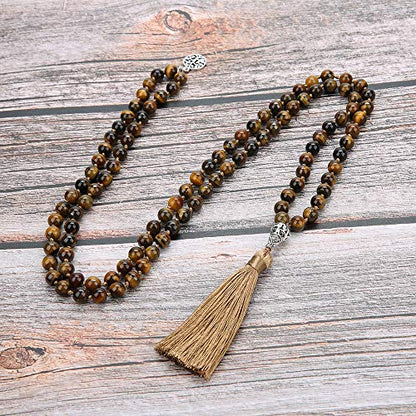 108 Mala Beads Necklace Semi-Precious Gem Stones Meditation Necklace 108 Hand Knotted Japa Mala Beaded Tassel Necklace with Tree of Life Pendant - color: Natural Tiger Eye