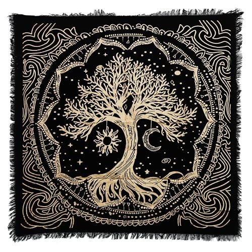 Indian Consigners Tree of Life Altar Cloth Tapestry Tablecloth Celtic Trees Ritual Spiritual Cloth for Sacred Places, Cotton Square Tarot Table Cover 36 by 36 Sacred - color: Golden Sun Moon Tree, size: 36" x 36" (Square)